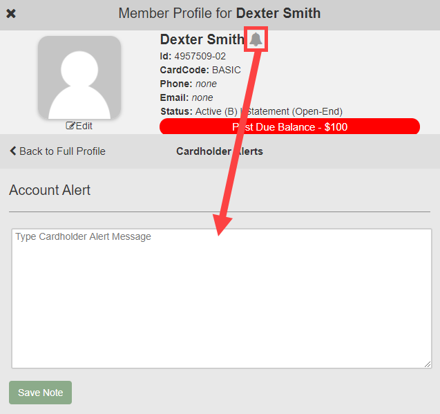 Member profile in Member Management showing the bell icon next to the member name and the Account Alert text entry field below it