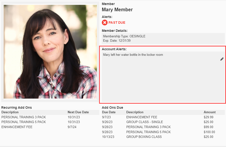 Online Check-In member information panel showing an account alert message displayed prominently below the member photo and name