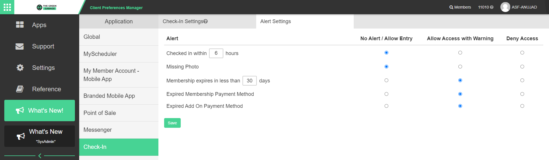 Alert Settings page in Client Preferences showing the five configurable alert types each with a dropdown for No Alert, Warning, or Deny Access