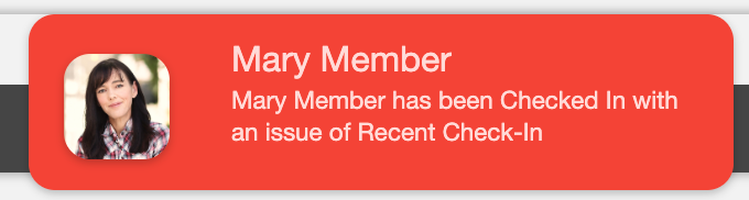 Online Check-In member panel showing an Expired Membership Payment alert with a red notification badge below the member details