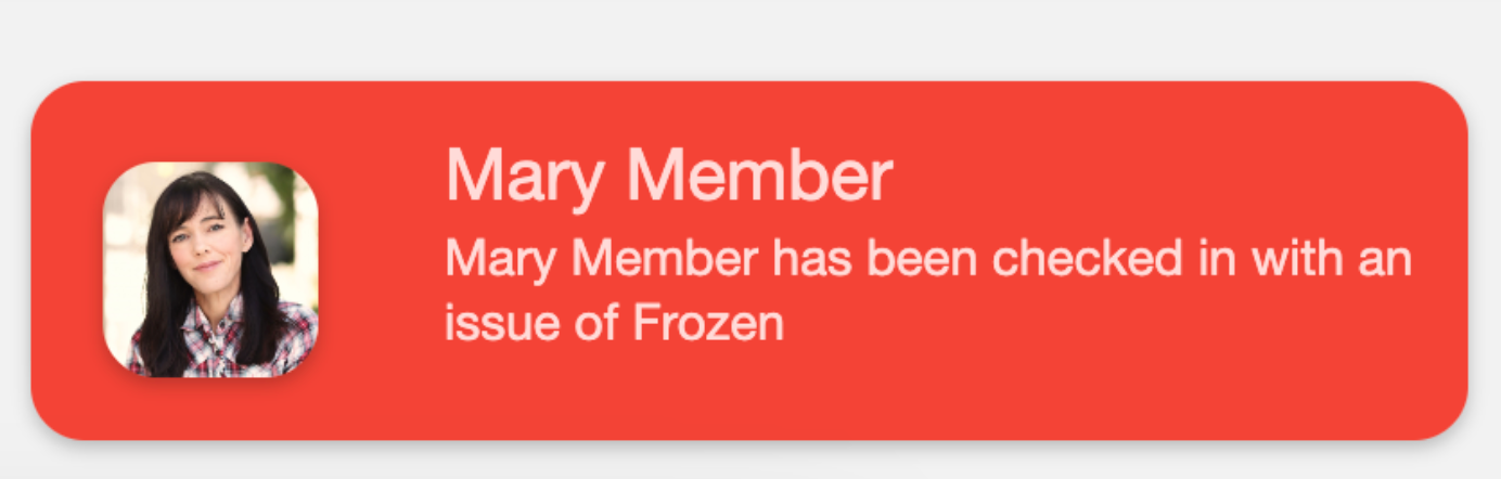 Online Check-In member panel showing a blue FROZEN alert banner with the freeze status displayed below the member photo