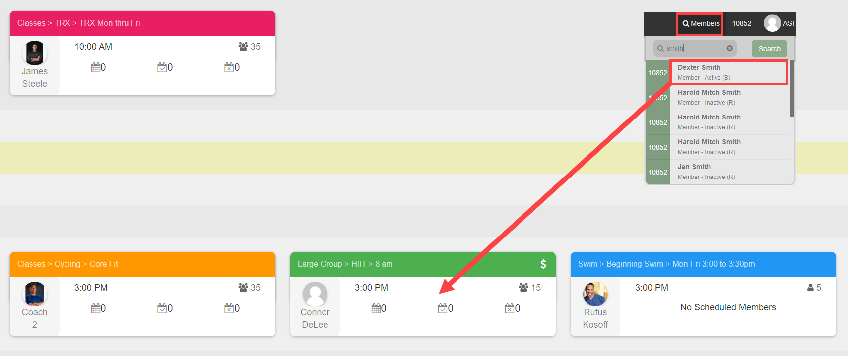 Check-in alert showing a yellow warning indicator for a member with an account flag during event check-in.