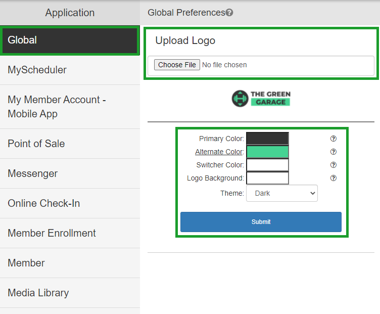 Global tab of Client Preferences showing club logo upload and color scheme controls.