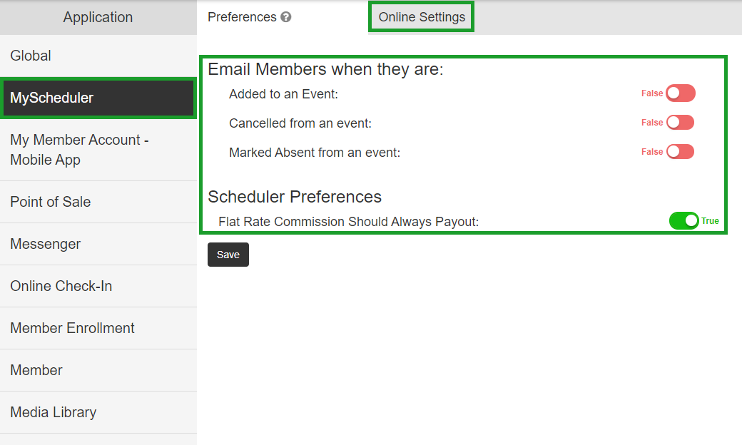 My Scheduler tab with toggle settings for email notifications and commission configurations.