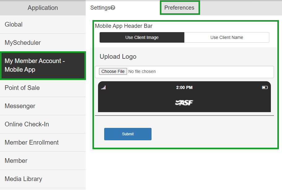 Mobile App preferences tab with controls for logo display and member image settings.