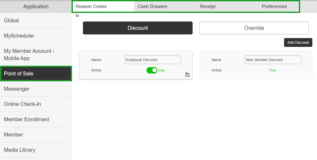Point of Sale section with settings for reason codes, cash drawers, and receipt configuration.