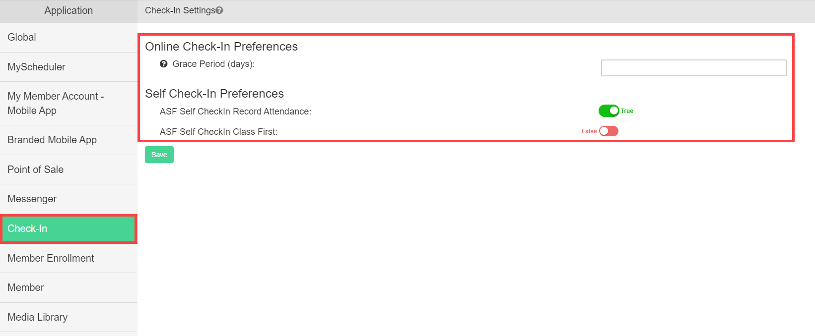 Check-in client preferences tab showing settings that adjust member check-in behavior.