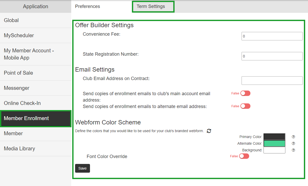 Member Enrollment section with convenience fee and term settings for external enrollment.