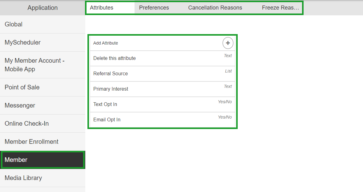 Member section with options for attributes, preferences, cancellation reasons, and recurring add-on terms.