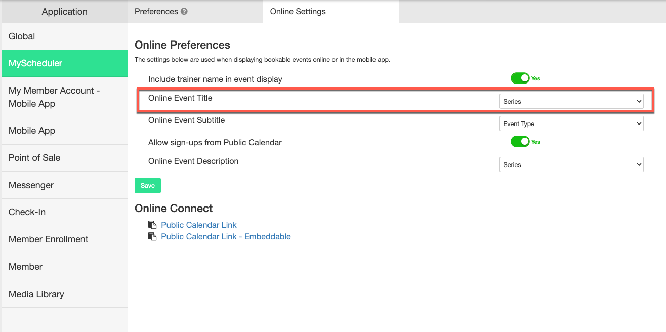MyScheduler Online Settings panel showing the Online Event Title and subtitle fields that control how a class appears in the mobile app calendar.