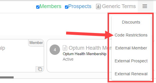 Code Restrictions settings page in Offer Builder showing the Existing Restrictions list and the Add Restriction button