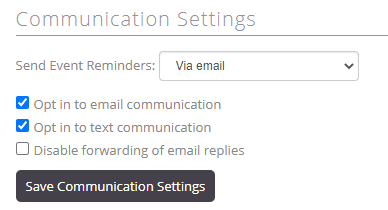 User Settings menu in Club OS showing the Communication Settings option for integrated clubs.