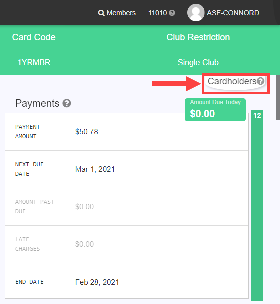 Cardholders tab with a cardholder selected and the Edit action visible.
