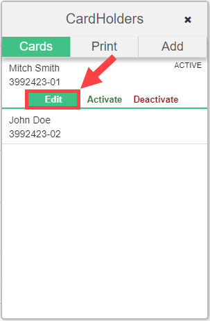 Cardholder list with one cardholder highlighted for editing in the member account.