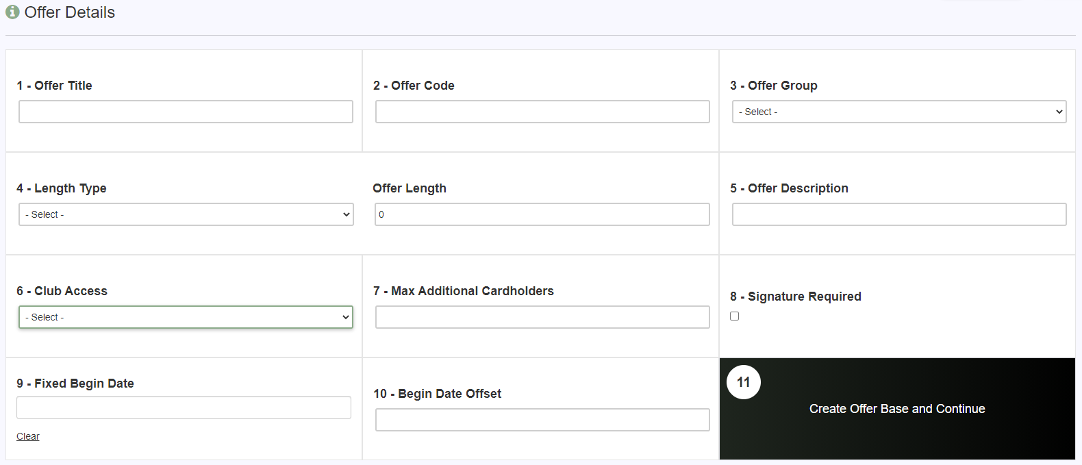 Offer Details form in Offer Builder showing fields for offer title, code, group, length type, club access, max cardholders, and signature requirement