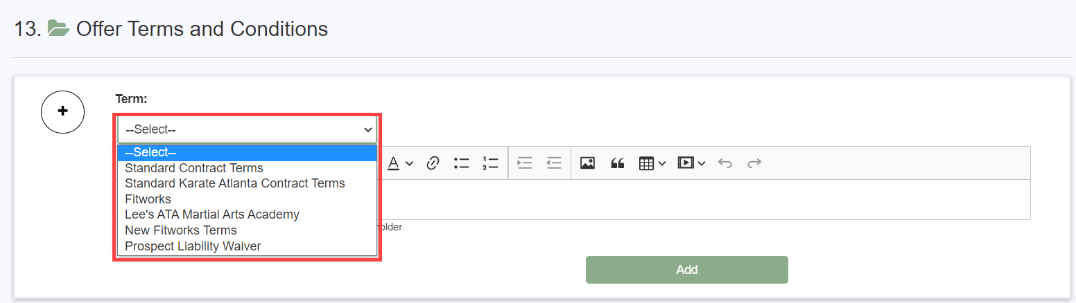 Offer Terms and Conditions section showing options to import from Generic Terms or enter custom contract language for in-club and online enrollment