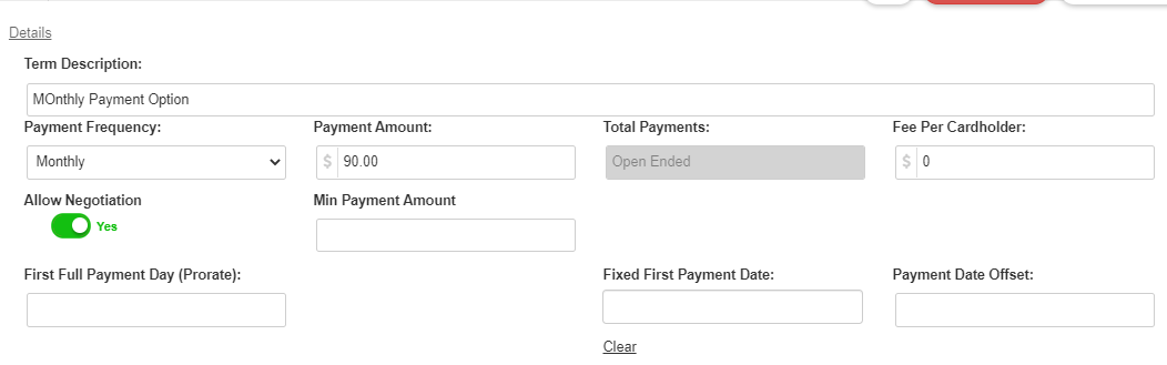 Payment Terms section header in Offer Builder showing the area where dues amount, payment frequency, and total payments are configured
