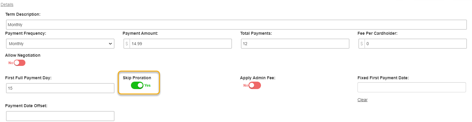 Payment Terms Details subsection showing fields for term description, payment frequency, payment amount, total payments, and cardholder fee