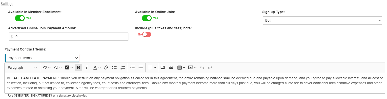 Payment Terms Settings subsection showing toggles for Available in Member Enrollment, Available in Online Join, sign-up type, and online advertised price