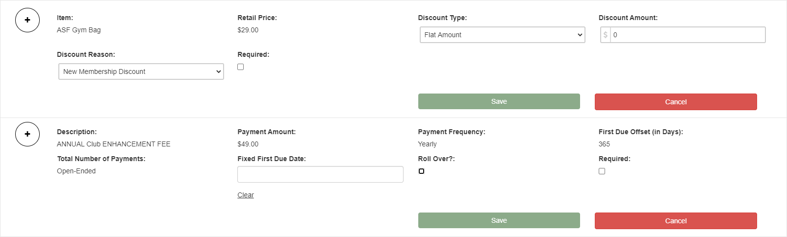 Items section in Offer Builder showing POS Items tab and Add-ons tab for attaching upfront charges and recurring add-on products to a membership offer