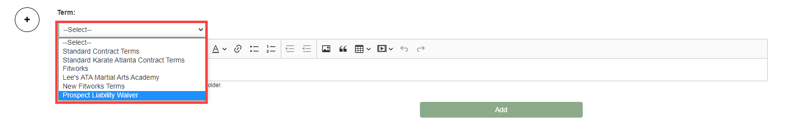 Offer Terms and Conditions section in a prospect offer showing the Import from Generic Terms option for loading a pre-saved prospect waiver