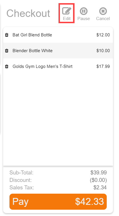 Edit screen showing the Discount column with a dollar amount entry field and reason code dropdown.