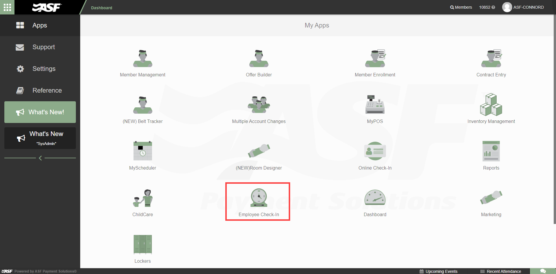 Online Check-In screen showing the Employees on the Clock section in the lower panel with a list of currently clocked-in employee names
