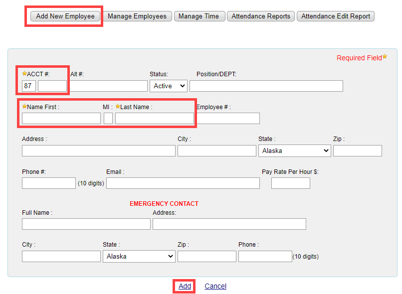 Employee Time Clock setup screen showing required fields for account number, first name, and last name with optional additional fields below