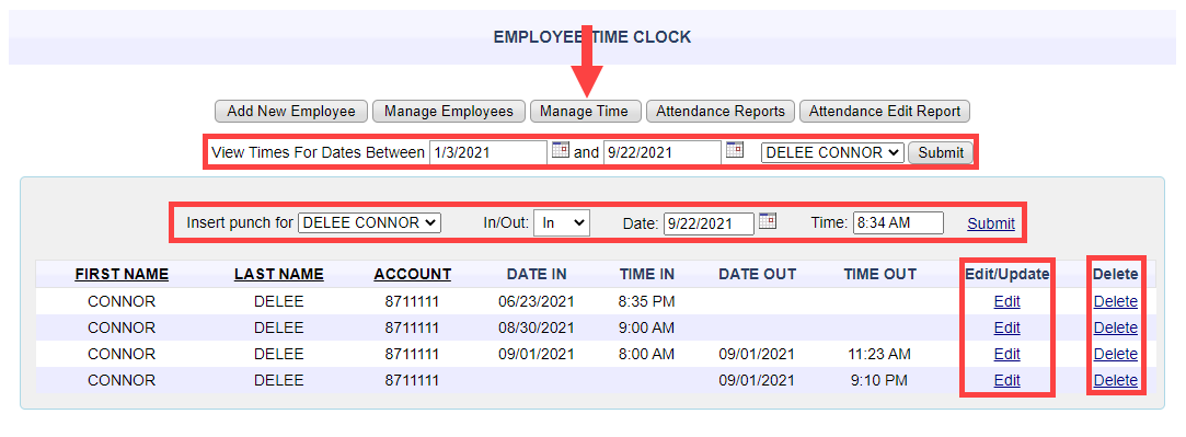 Employees on the Clock section after clocking in, showing the employee's name tile added to the active clock list