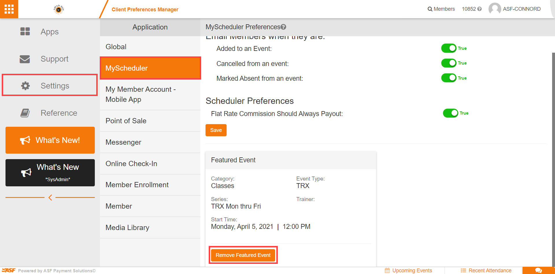 Client Preferences My Scheduler section showing the Remove Featured Event option for the currently active featured event.