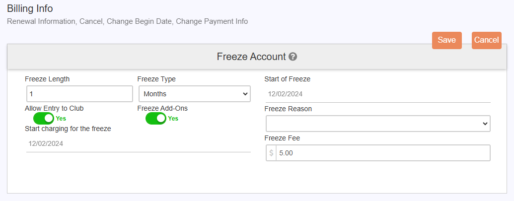 Billing section of a member account showing the Freeze Account panel with the Start Freeze button at the top.