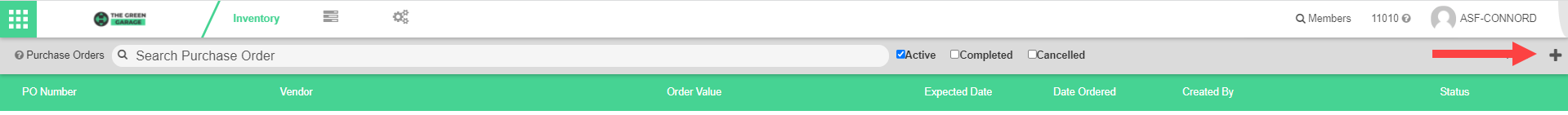Purchase Orders screen displaying Active, Completed, and Cancelled status tabs.