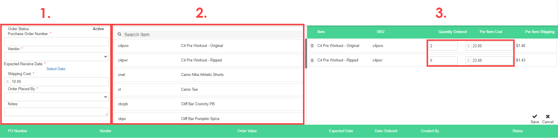 Add Purchase Order form with fields for vendor, dates, shipping cost, and item selection.