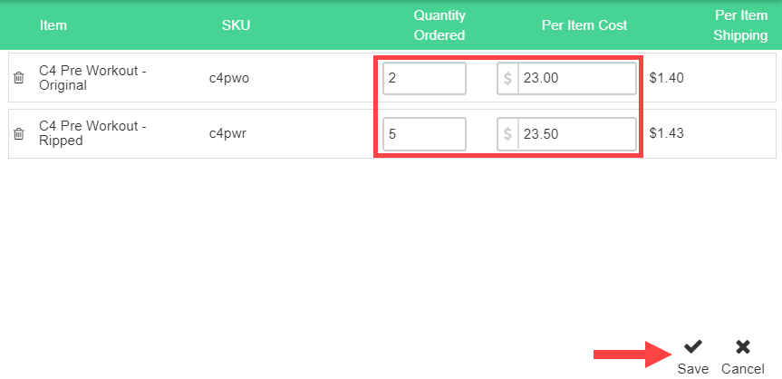 Purchase order with Order Status dropdown set to Cancelled.