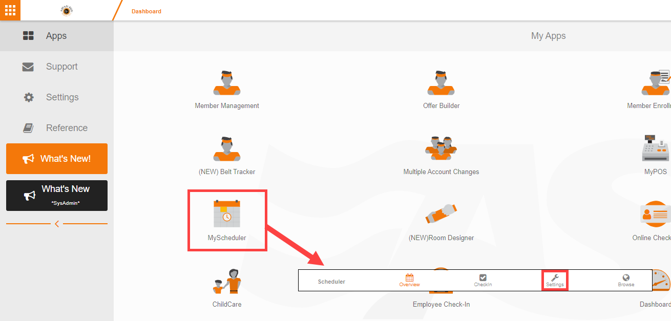 My Scheduler Admin Options menu with Hours of Operation selected.
