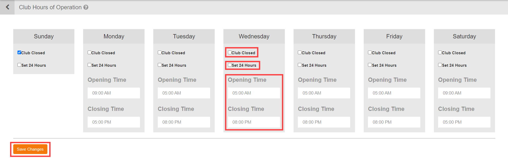 Hours of Operation configuration screen showing daily rows with opening time, closing time, 24 Hours toggle, and Club Closed toggle.