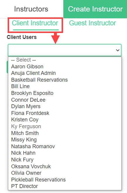 Add Trainer form showing options to create from an existing user or as a guest instructor.