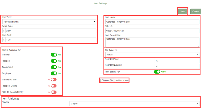 Item Settings form showing Retail Price, Item Cost, Availability toggles, Item Name, and SKU fields.