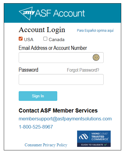 MyASFAccount sign-in screen showing fields for account number or email address and password