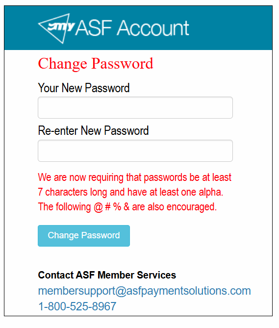 MyASFAccount first-login prompt asking you to create a new password after entering your initial credentials