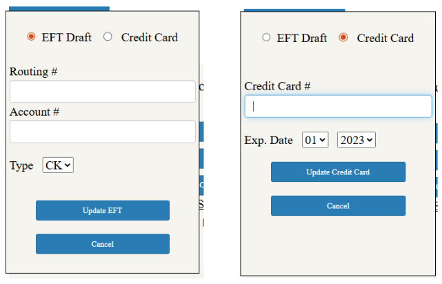 MyASFAccount Change Payment Information screen showing options to update EFT bank draft or credit card details