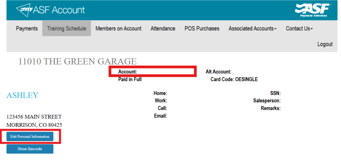 MyASFAccount Personal Information screen displaying account number, address, email, and phone fields with an Edit button