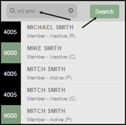 Quick Member Search dialog with input fields for account number, first name, and last name.