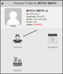 Member Profile panel with the Account link highlighted in the action list.