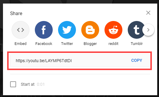YouTube video with the Share button highlighted and a link ready to copy.