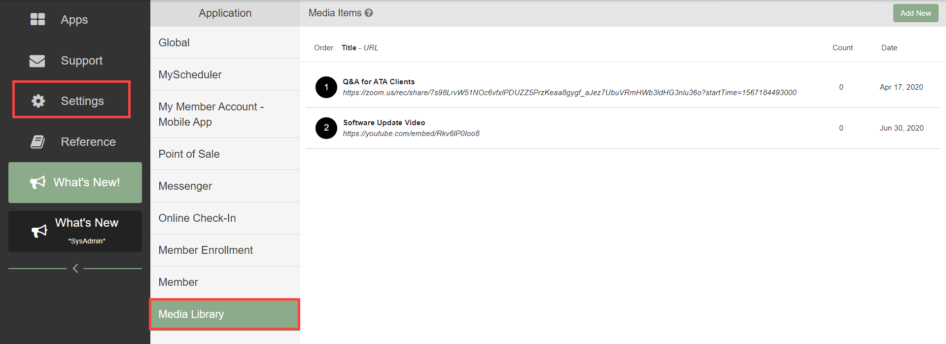 Client Preferences with the Media Library tab selected, showing the list of existing video entries.