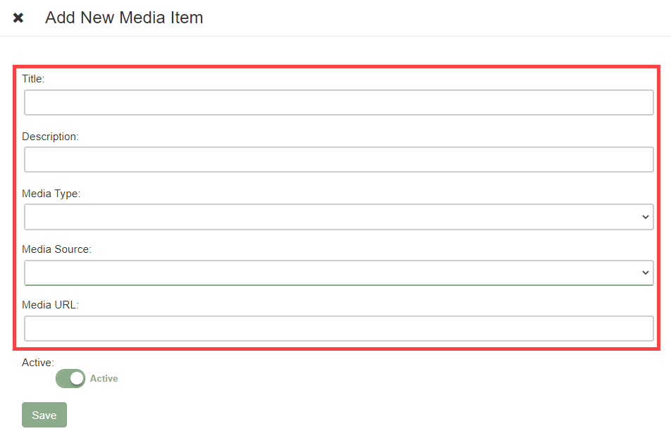 Add New video form in Media Library showing Title, Description, Media Type, Source, and Media URL fields.