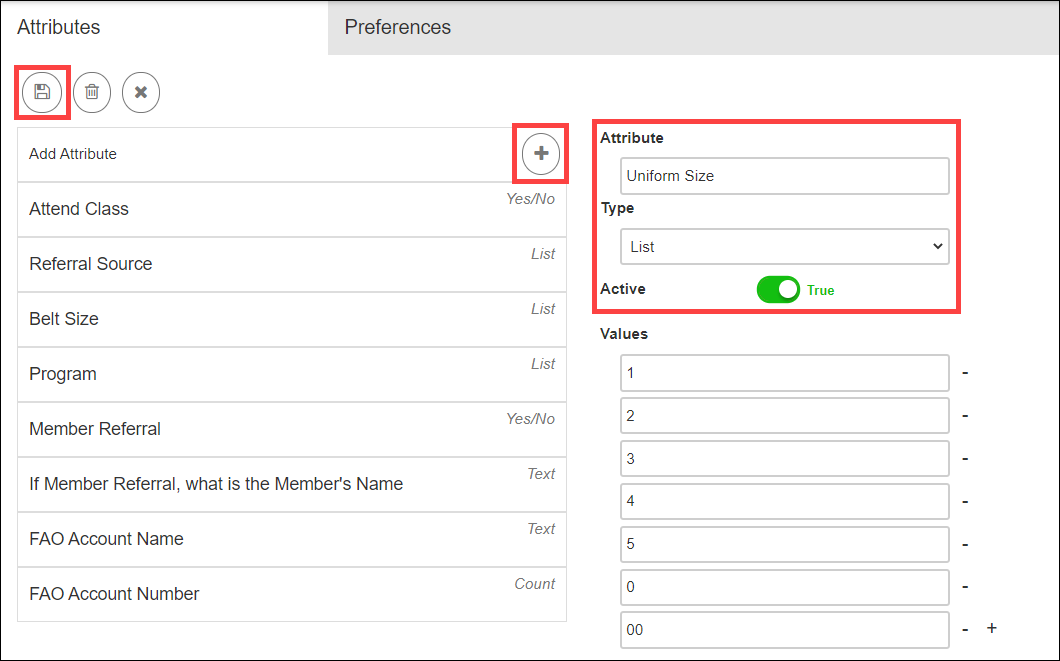 Member Attributes configuration with Name, Type selection, and Active toggle controls.