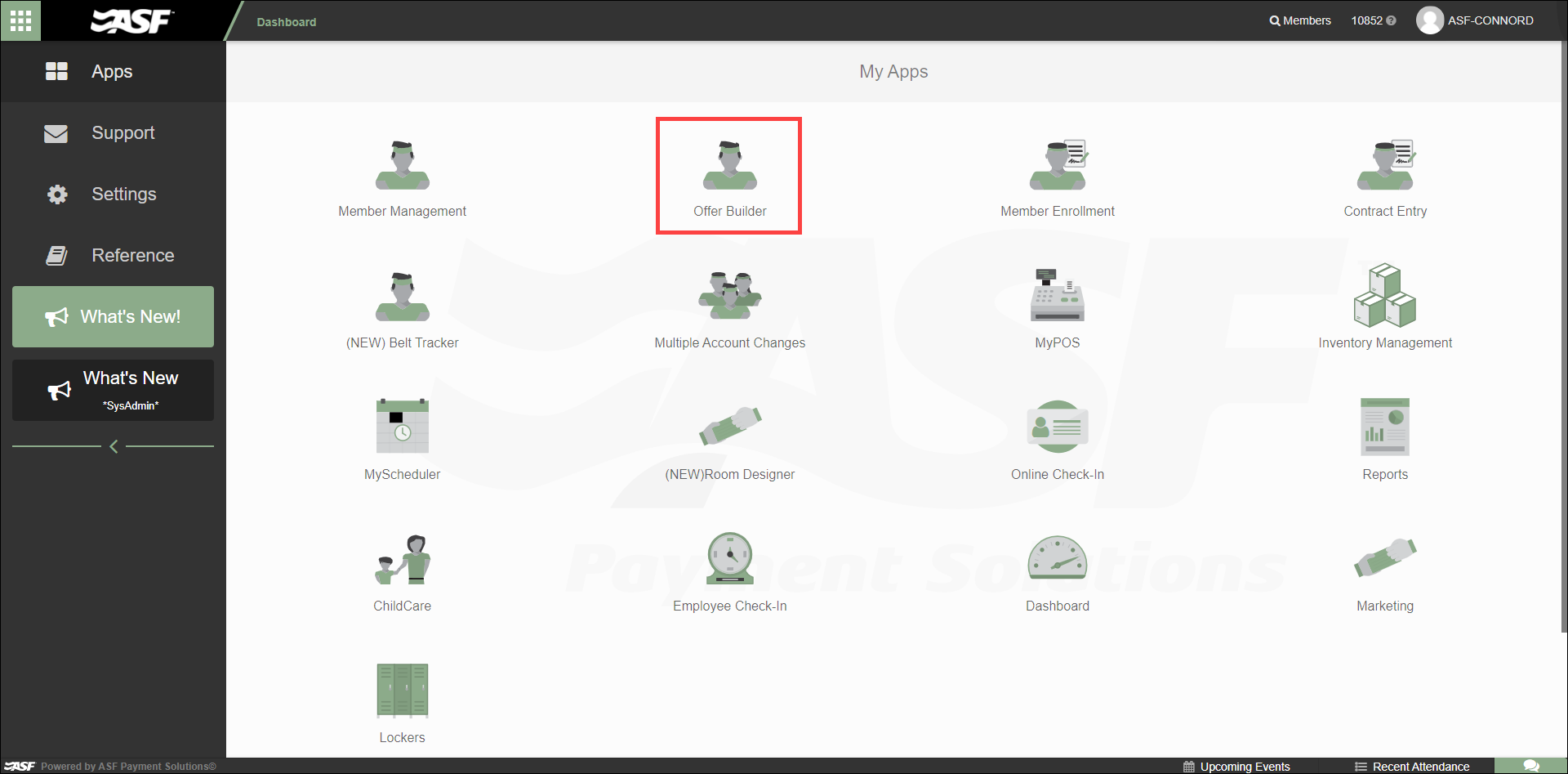 My Apps page with the Offer Builder tile selected for adding attributes to offers.