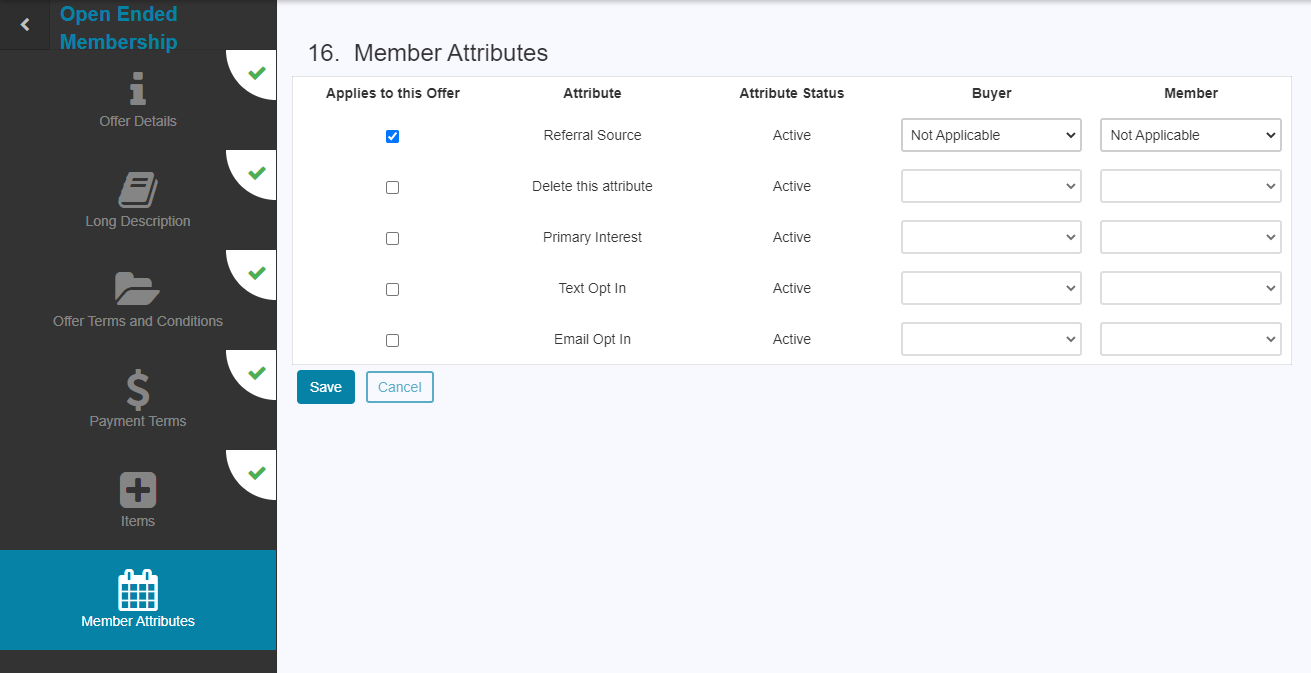 Member Attributes section within an offer with Applies to this Offer, Buyer, and Member options.